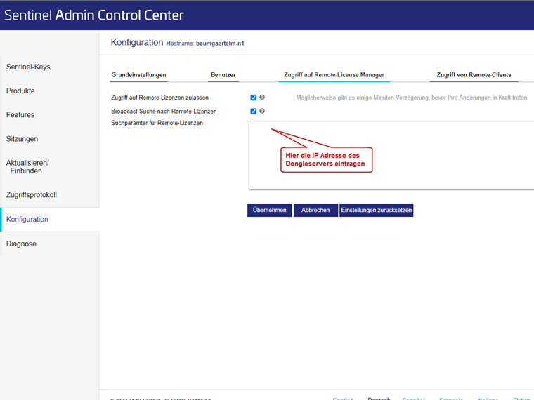 Einstellungen im Admin Control Center