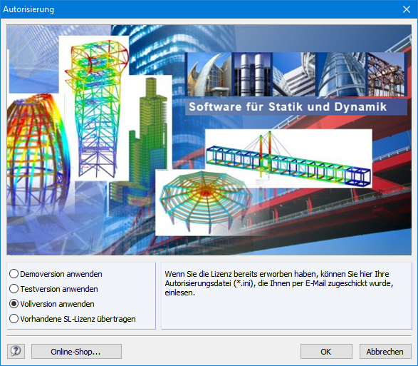 Dialog "Autorisierung" beim erstmaligen Programmaufruf