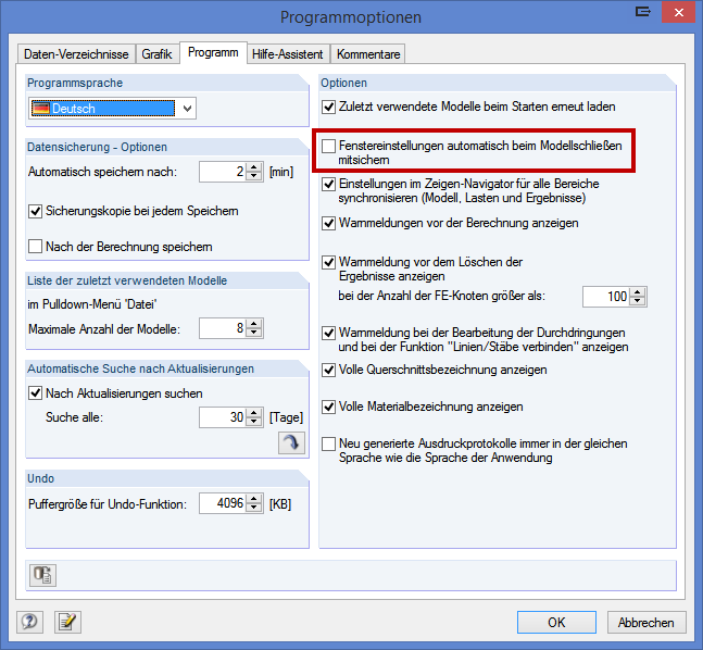 Sichern der Fenstereinstellungen deaktivieren