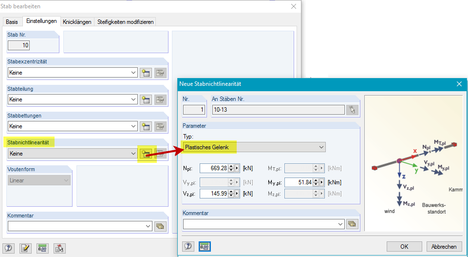 Definition des plastischen Gelenkes als Stabnichtlinearität.