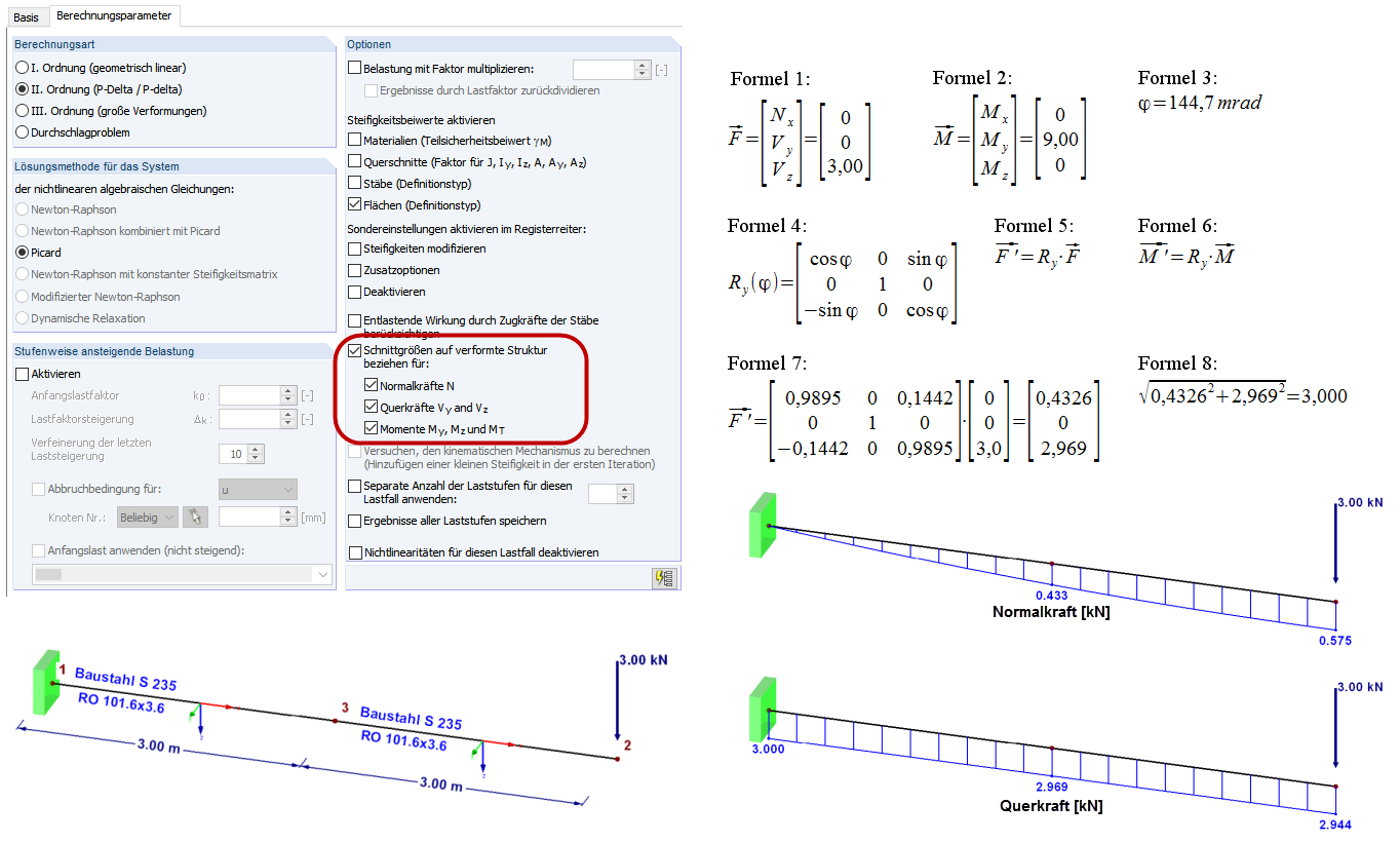 Schnittgrößen nach Theorie II. Ordnung auf die verformte Struktur bezogen