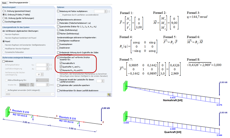 Schnittgrößen nach Theorie II. Ordnung auf die verformte Struktur bezogen