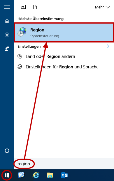 Aufruf des "Region" Dialogs