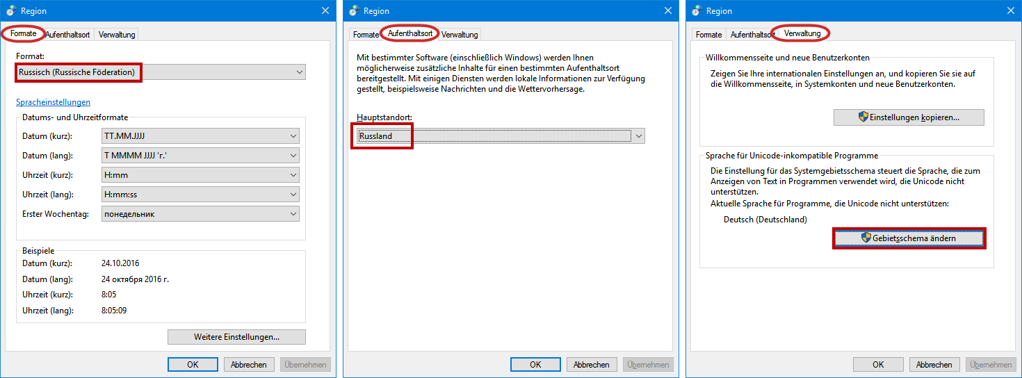 Register im "Region" Dialog