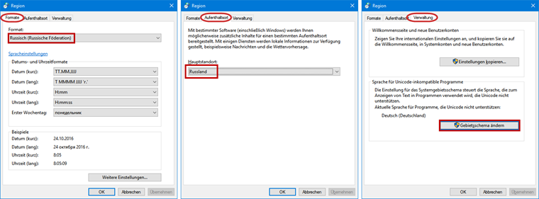 Register im "Region" Dialog