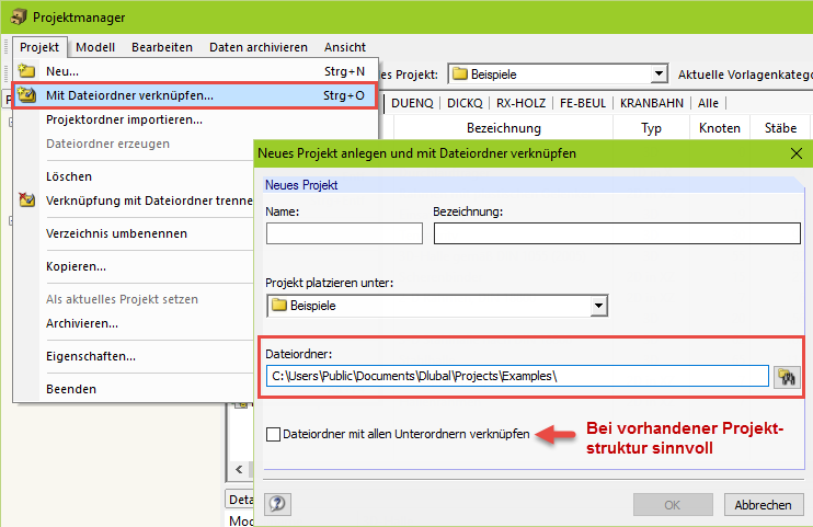 Projekt mit Dateiordner verknüpfen