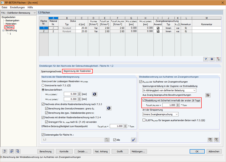 Einstellungen für die Begrenzung der Rissbreite