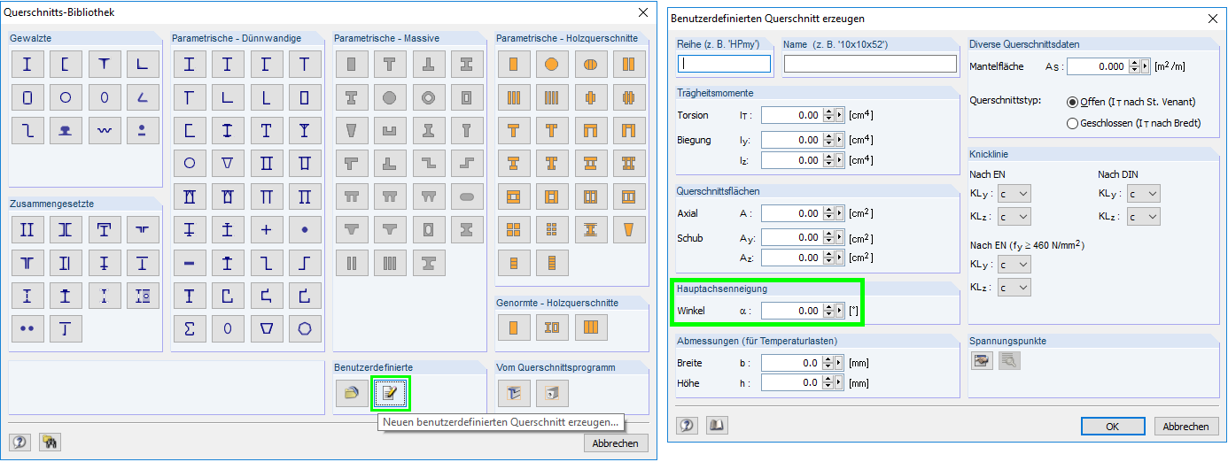 Eingabe benutzerdefinierter Querschnitt in Querschnitts-Bibliothek
