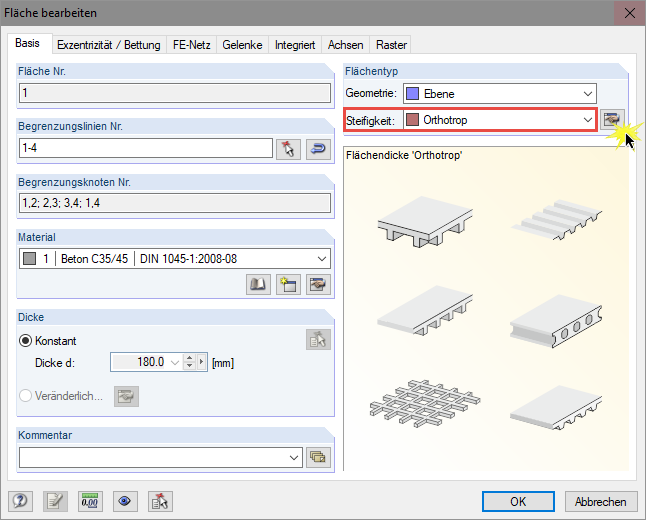 Fläche bearbeiten - Einstellung des Steifigkeitstyps