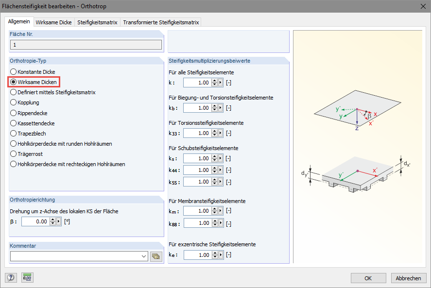 Flächensteifigkeit bearbeiten - Orthotropietyp wählen