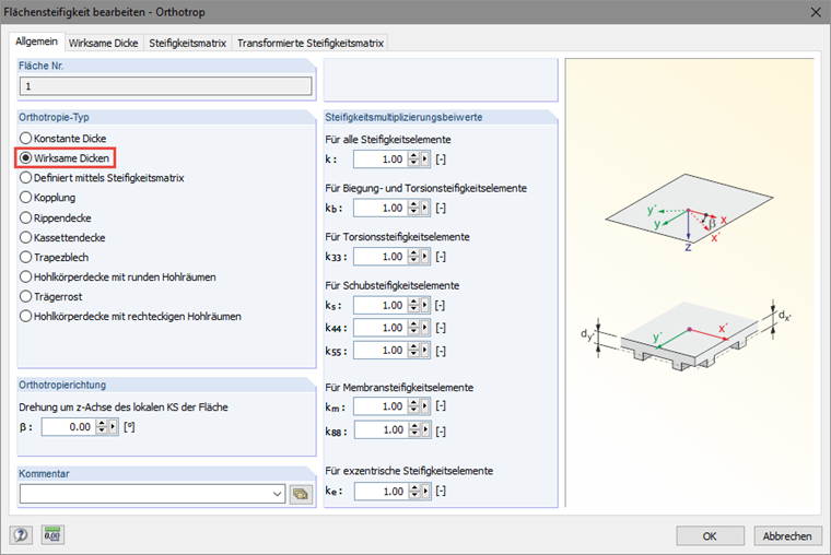 Flächensteifigkeit bearbeiten - Orthotropietyp wählen