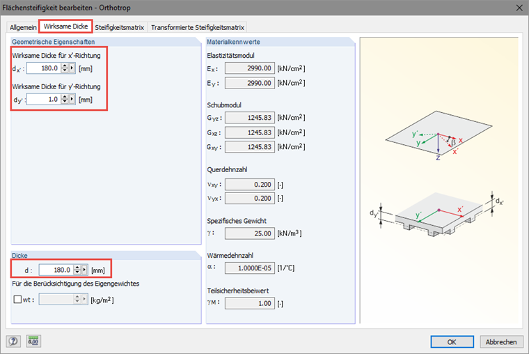 Flächensteifigkeit bearbeiten - Wirksame Dicken einstellen