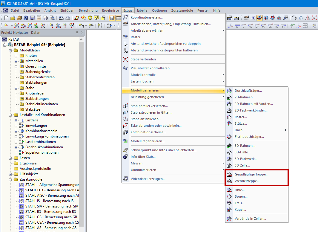RSTAB Menü zum generieren von Treppen
