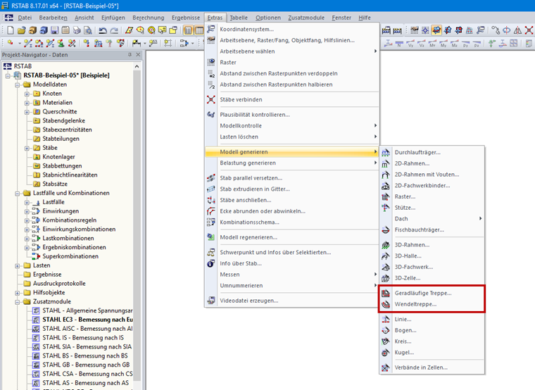 RSTAB Menü zum generieren von Treppen
