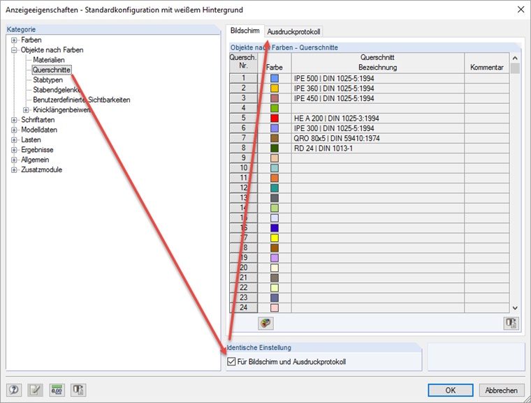 Dialog "Anzeigeeigenschaften" mit Kategorie "Objekte nach Farben"