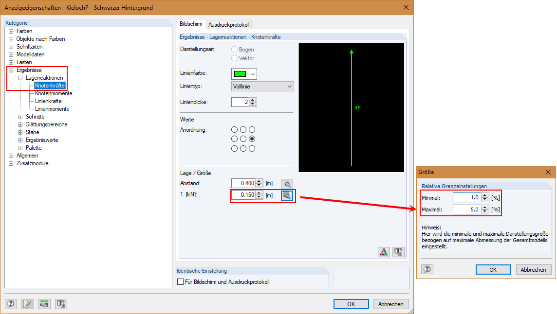 Relative Grenzeinstellungen für Knotenkräfte ändern