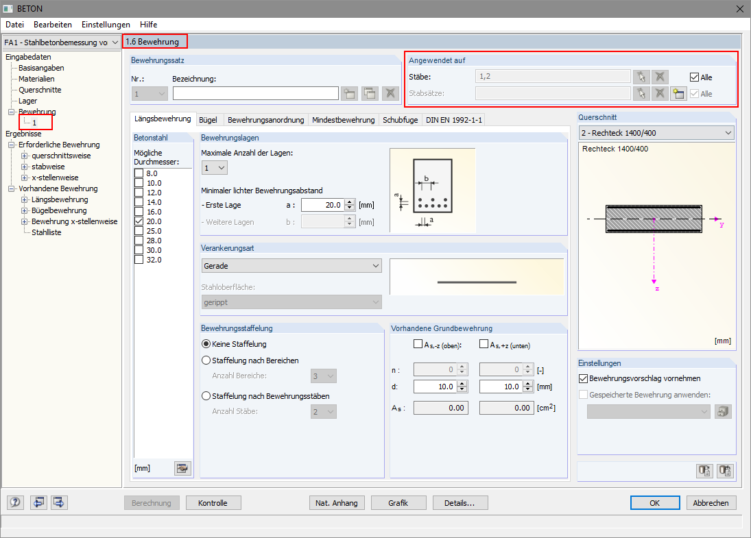 Stäbe für Bemessung festlegen