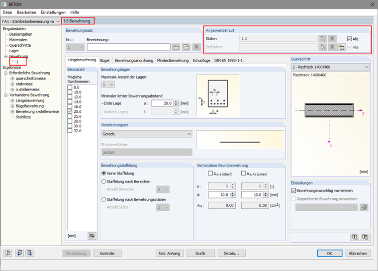 Stäbe für Bemessung festlegen
