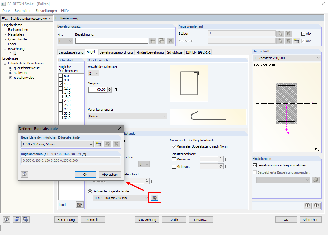 Schaltfläche und Dialog "Definierte Bügelabstände"