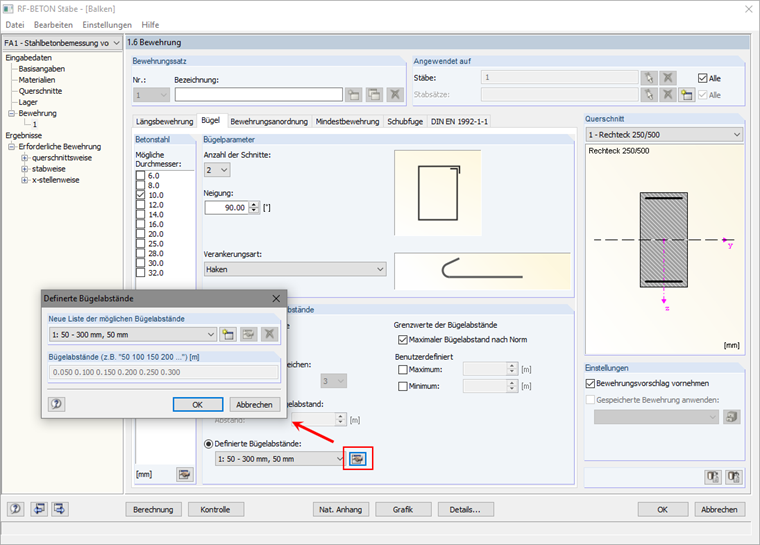 Schaltfläche und Dialog "Definierte Bügelabstände"