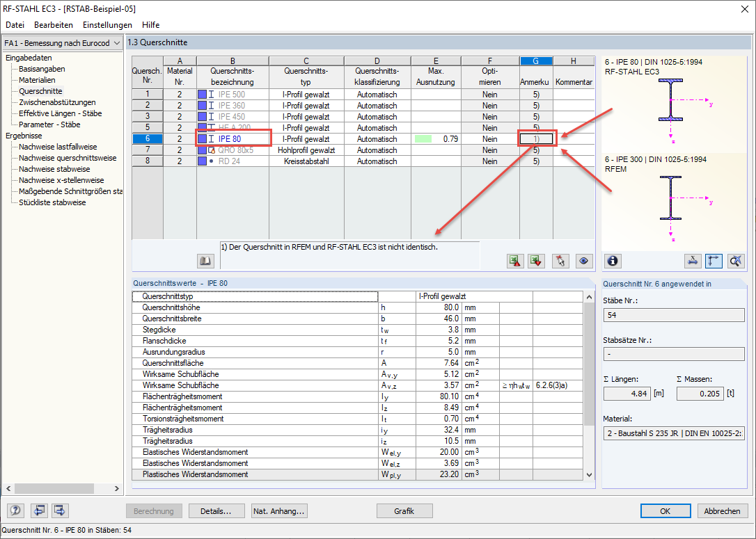 Unterschiedliche Querschnitte in RFEM und im Zusatzmodul