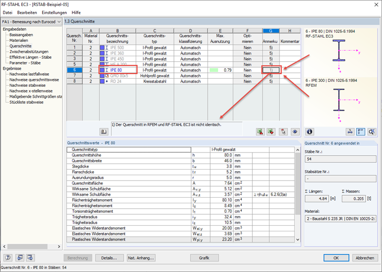 Unterschiedliche Querschnitte in RFEM und im Zusatzmodul