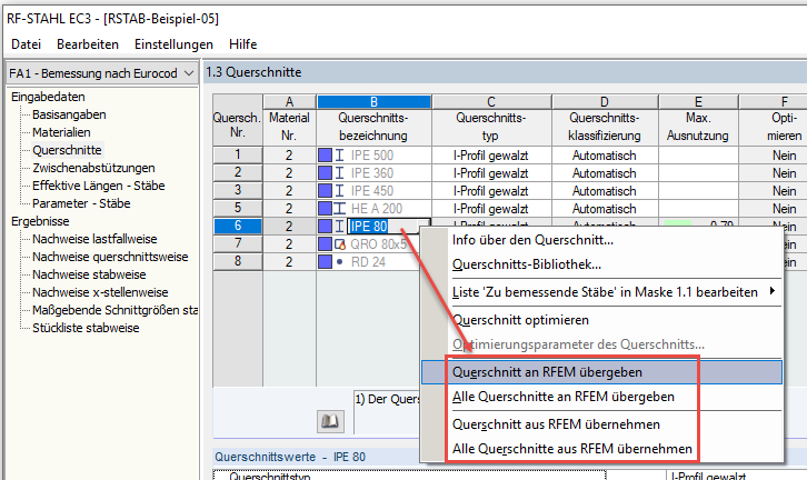 Geänderten Querschnitt an RFEM übergeben
