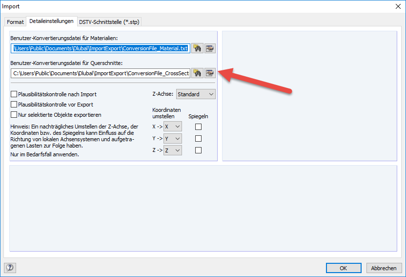 Konvertierungsdatei für Querschnitte und Materialien
