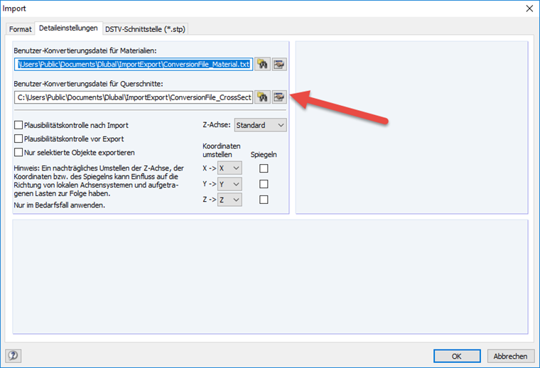 Konvertierungsdatei für Querschnitte und Materialien