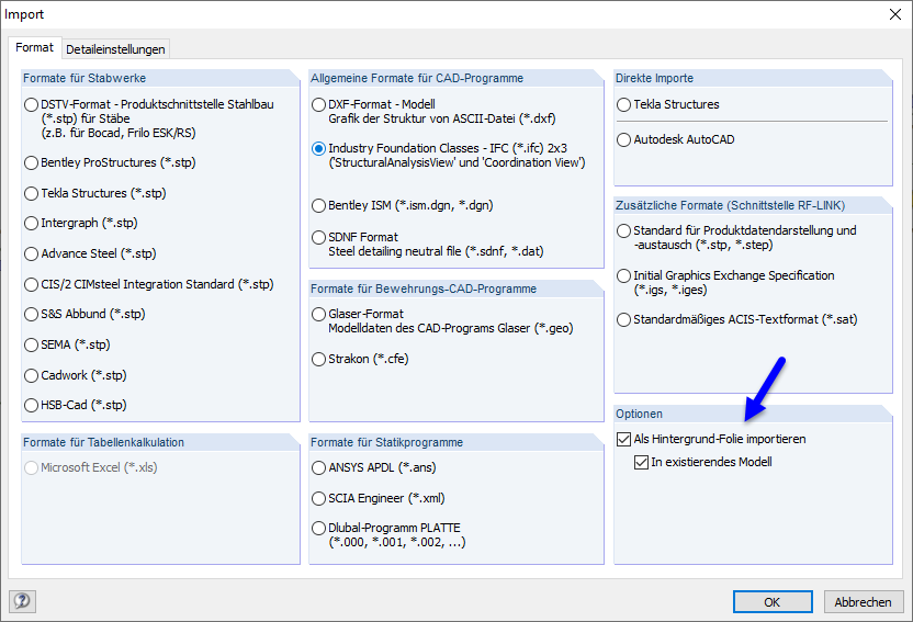 IFC-Datei als Hintergrundfolie importieren
