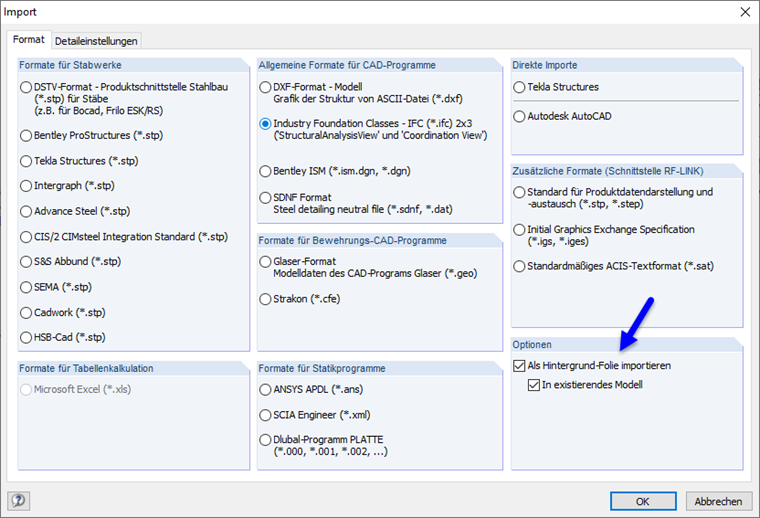 IFC-Datei als Hintergrundfolie importieren