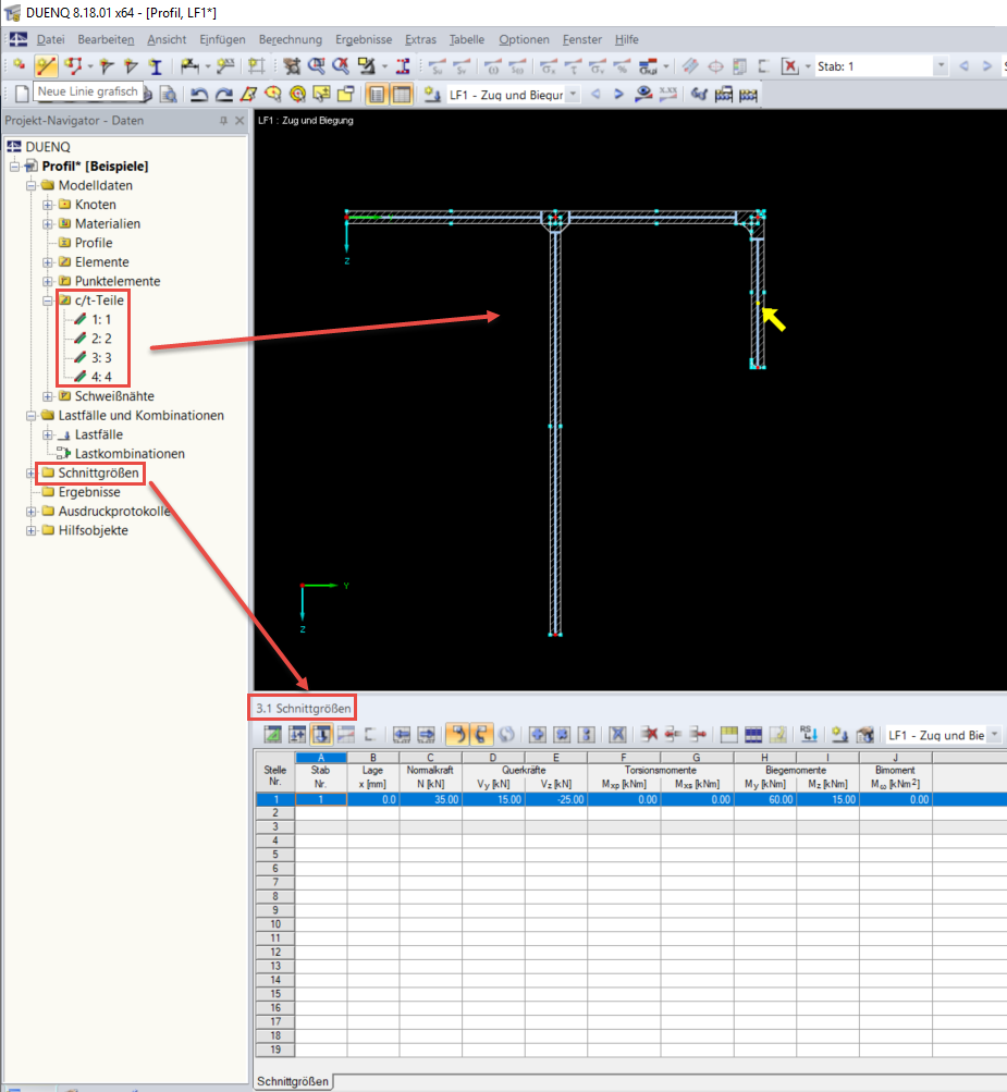 Schnittgrößen und c/t-Teile für wirksame Querschnittswerte