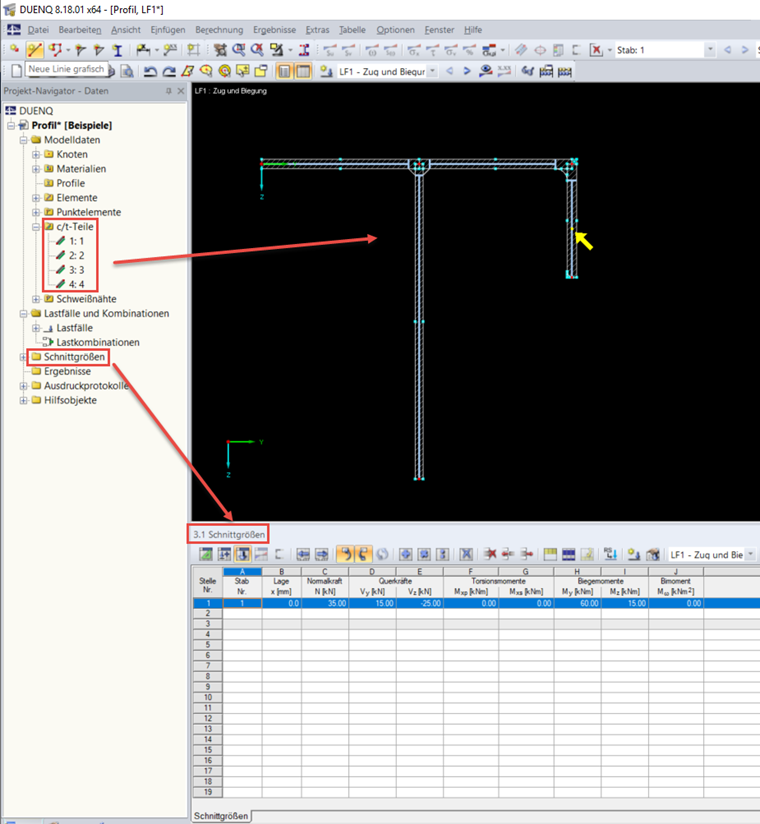 Schnittgrößen und c/t-Teile für wirksame Querschnittswerte