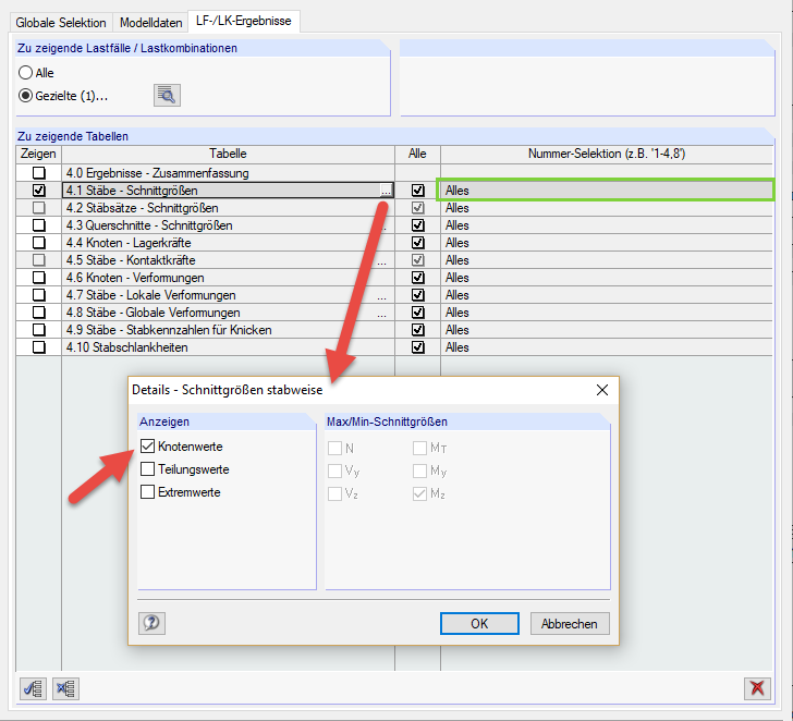 Knotenwerte für Tabelle 4.1 im Ausdruckprotokoll aktivieren