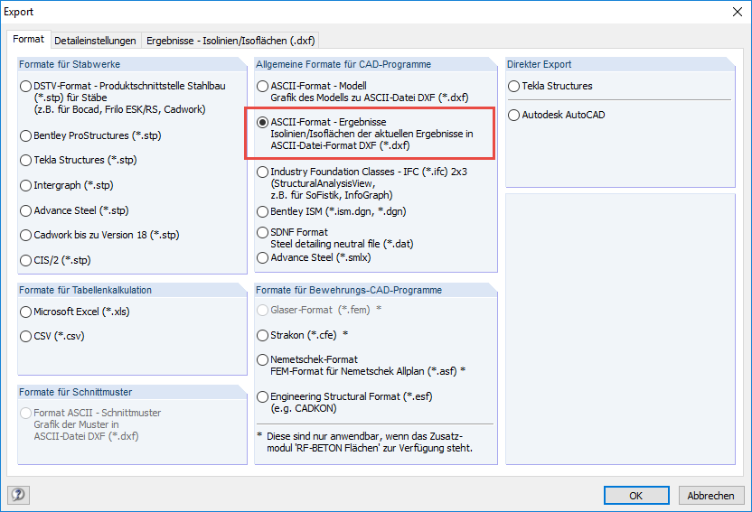 Option "ASCII-Format - Ergebnisse"