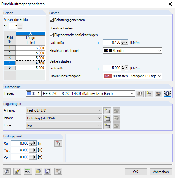 Durchlaufträger-Generierer
