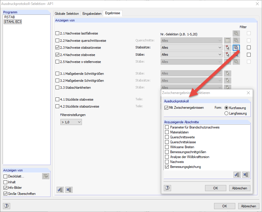 Zwischenergebnisse mit "Bemessungsgleichung" auswählen
