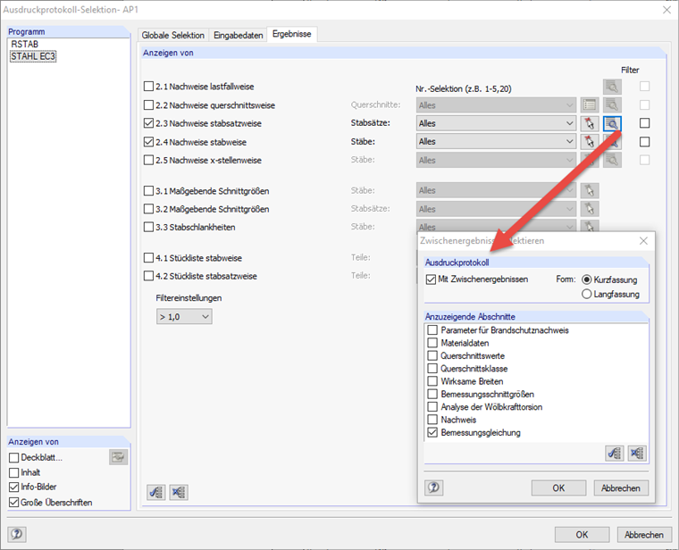 Zwischenergebnisse mit "Bemessungsgleichung" auswählen