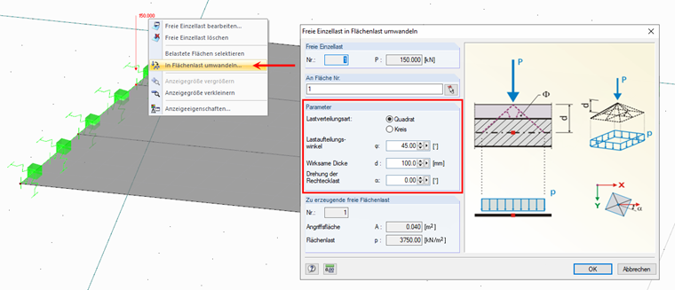 Einzellast in Flächenlast umwandeln