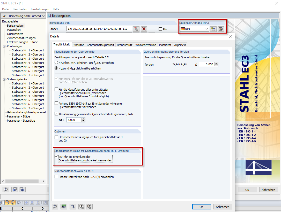 Nationaler Anhang und Kontrollfeld für gamma_M1 zur Bemessung der Querschnittstragfähigkeit
