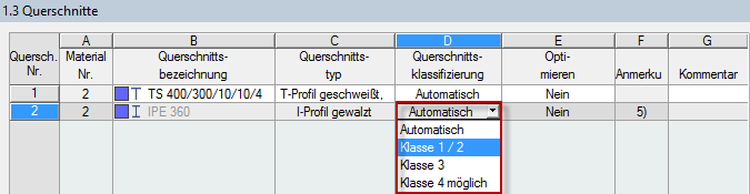 Querschnitt manuell klassifizieren