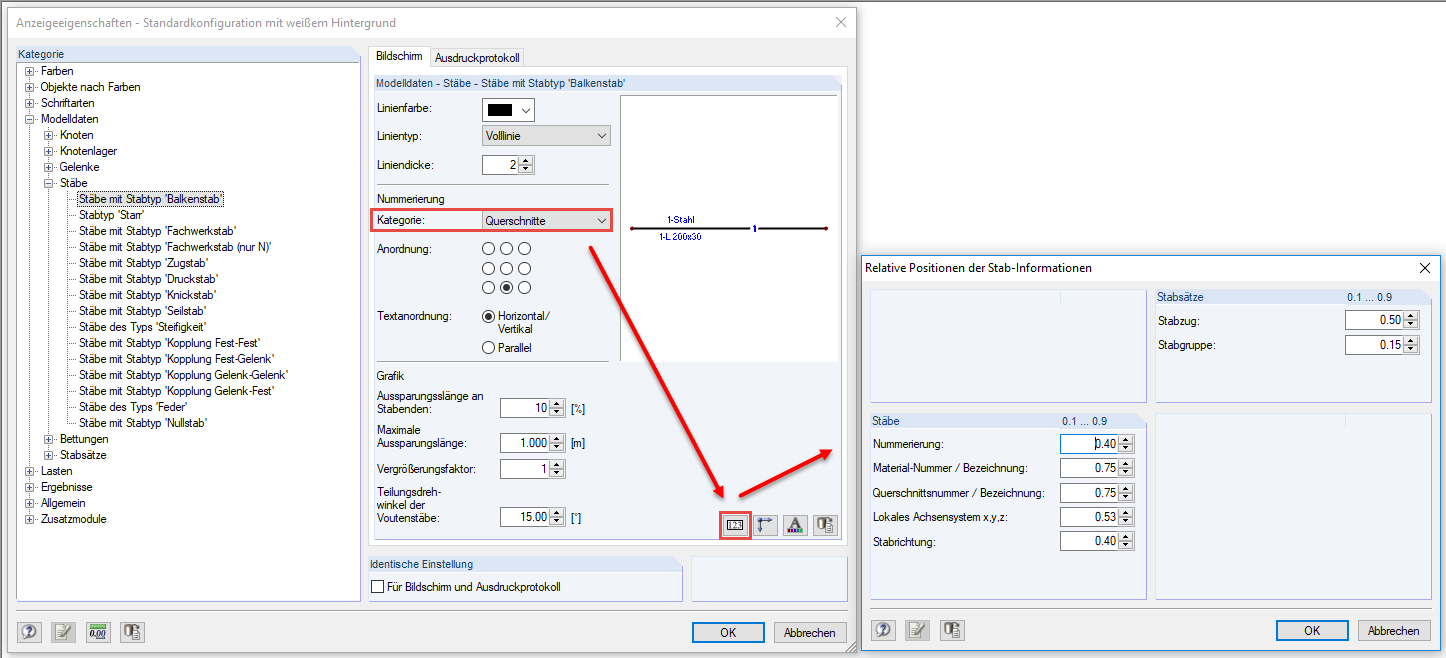Relative Positionen der Stab-Informationen festlegen