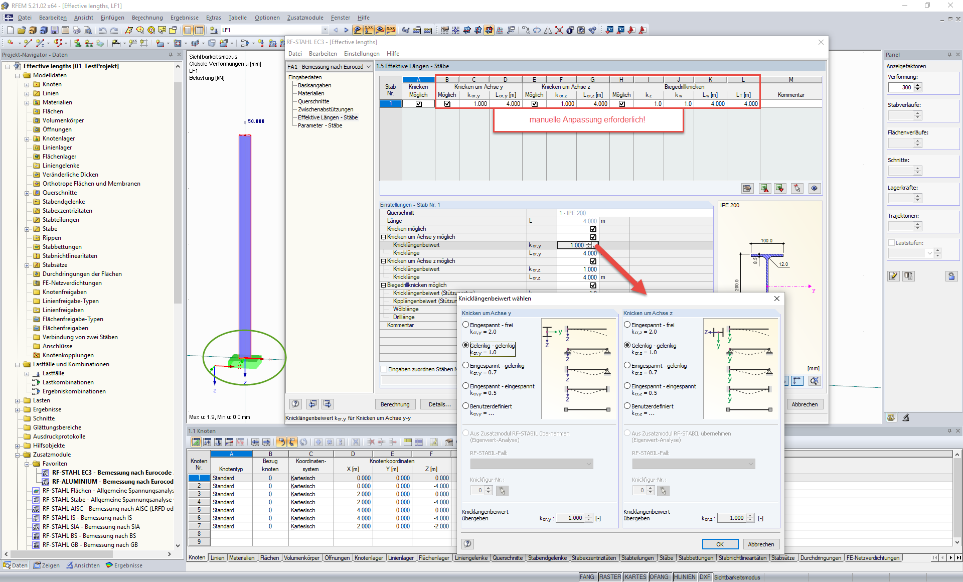 Manuelle Anpassung der Knicklängenbeiwerte