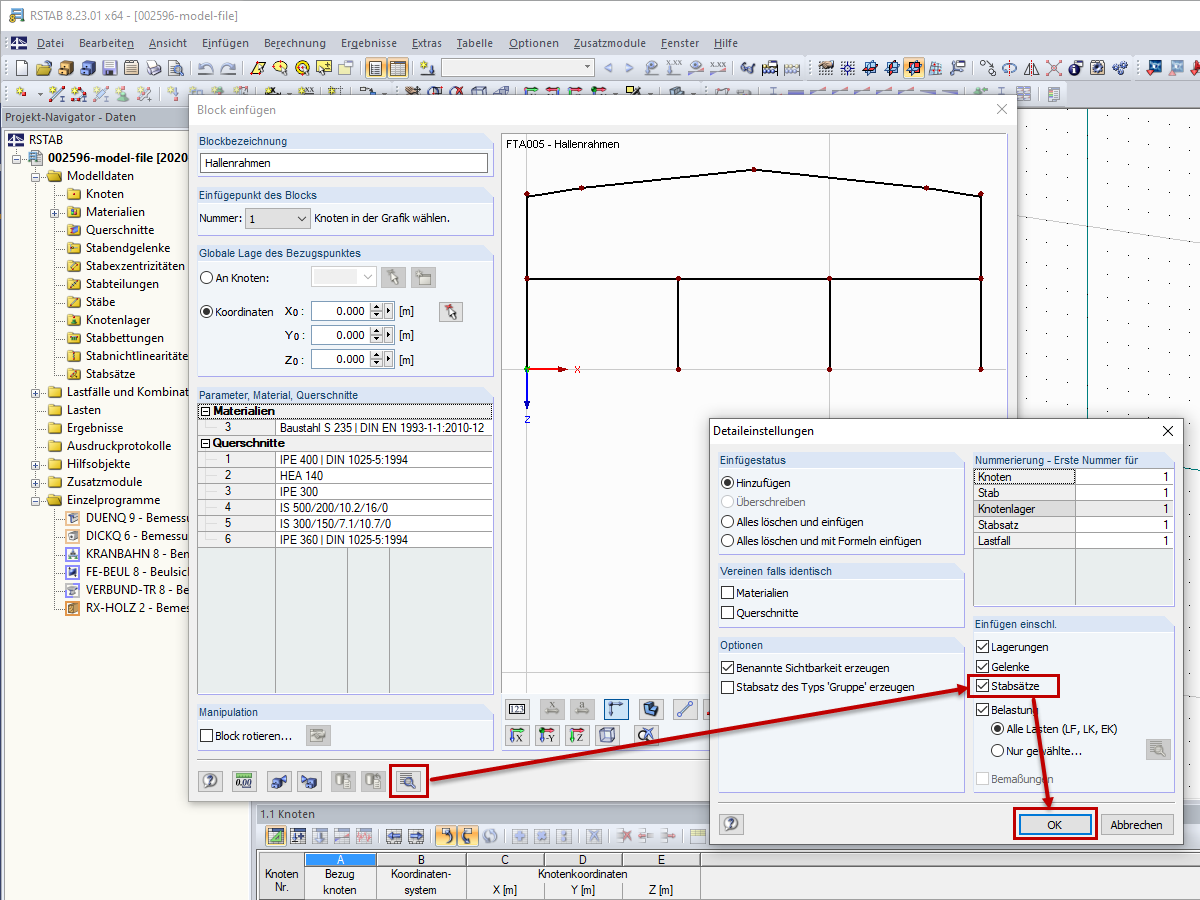 Detaileinstellungen: Einfügen einschließlich Stabsätze