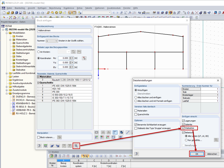 Detaileinstellungen: Einfügen einschließlich Stabsätze