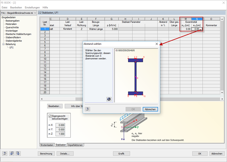 Exzentrizität über Anklicken eines Spannungspunkts definieren