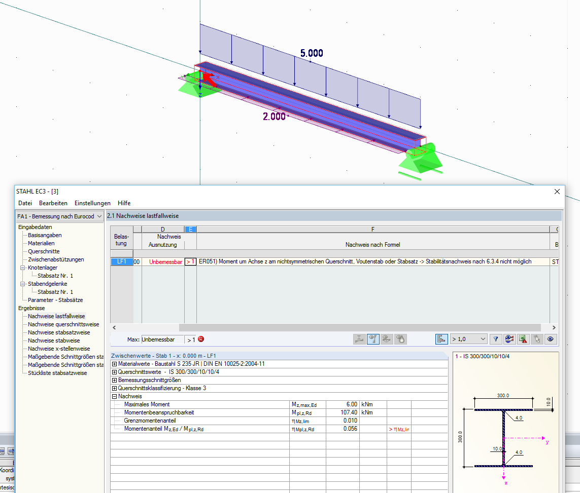 Warnung bei Bemessung eines Stabsatzes mit Querbiegung
