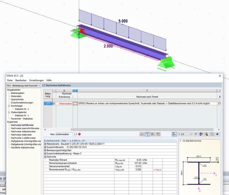 Warnung bei Bemessung eines Stabsatzes mit Querbiegung