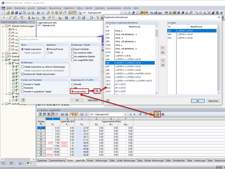 Knoten-Lagerkräfte ausgewählter LF/LK/EK nach Excel exportieren