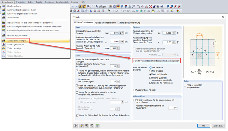 Option "Nicht verwendete Objekte in Flächen integrieren"